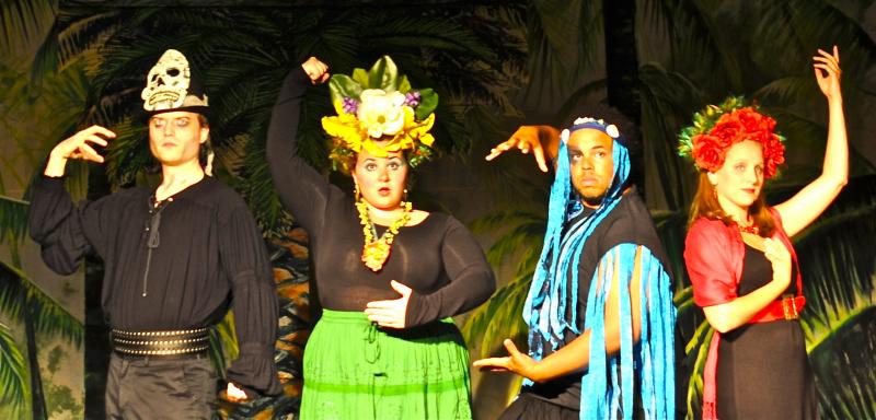 The gods of "Once On This Island:" Joel Biron (Papa Ge), Emily Moore (Asaka), Jeremiah Haley (Agwe) and Kristen Robinson (Erzulie). Courtesy of Susan Domeyer